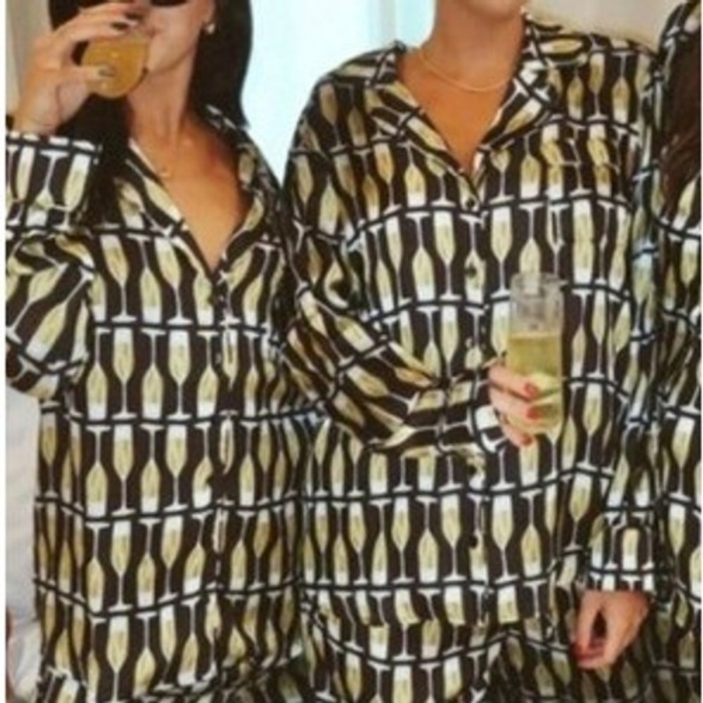 Show Me Your Mumu PJ Top Champagne Print Sating Black Gold Large